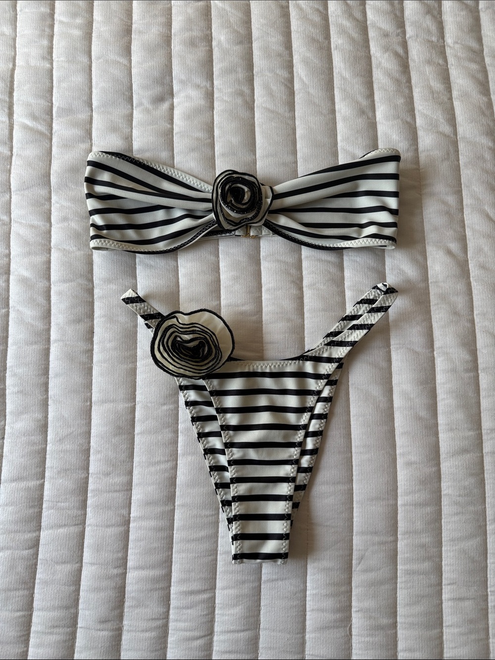 SAME Black & White Striped Bandeau Bikini Set with Floral Accent